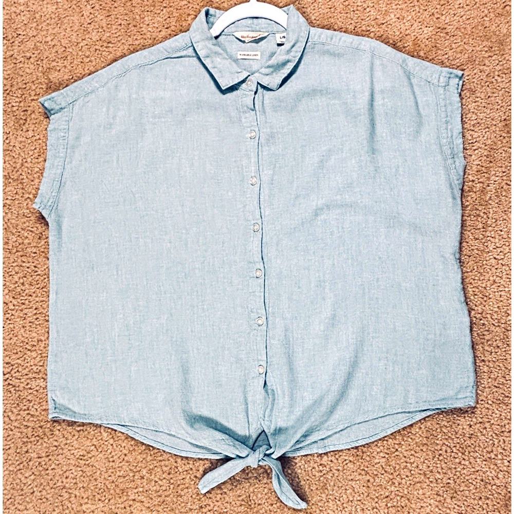 Weatherproof Vintage Linen Blend Sleeveless Button-Up Tie Front Top Blue Large